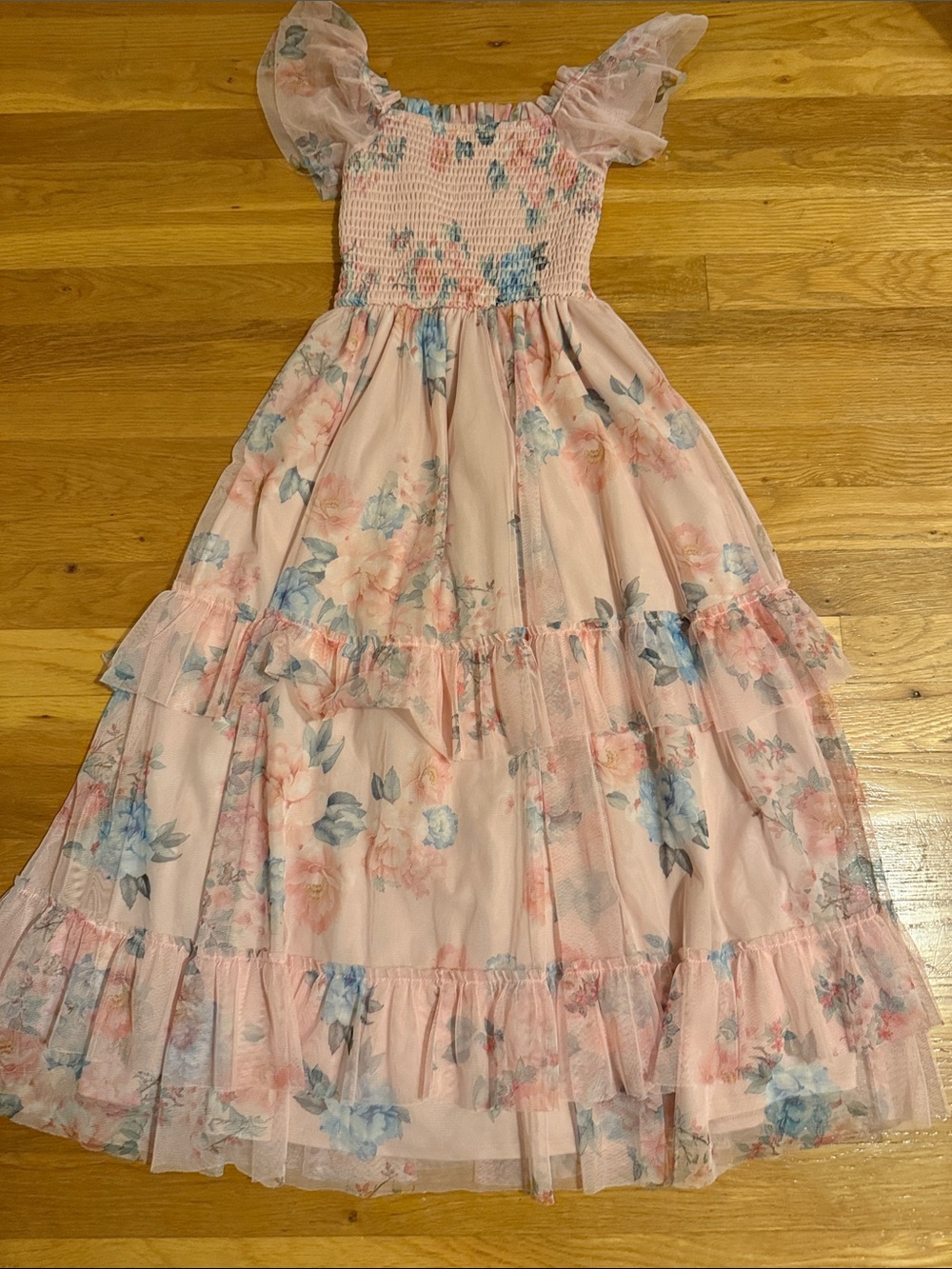 Rare Editions Pink Floral Tiered Maxi Dress with Blue Accents